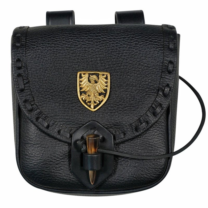 Mythrojan Leather Belt Pouch Medieval Genuine Leather Waist Bag with Brass Raven Decoration, Viking Belt Coin Purse Vintage Renaissance Bag for Larp, Fantasy Events, Ren Faire, Halloween â€“ Black - Image 1